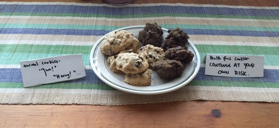 "Normal cookies-'Yum!''Horay!'" // "Heath food cookies- continue at your own risk"
